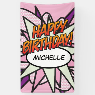 GELUKKIGE VERJAARDAG Stripboek Pop Art Roze Spandoek