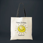 Gelukkige verjaardag, Sunshine! Tote Bag<br><div class="desc">Natuurlijke en zwarte 100% katoenen kei begroot canvas tas met een afbeelding van een glimlachende gele zon en het optionele sentiment "Happy Birthday, Sunshine!" Zie het volledige collectie van de Canvas tas van de Dagen in de SPECIALE TOUCHES | Afdeling Voorkeuren partij.</div>