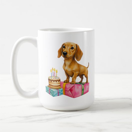 Gelukkige verjaardag teckel puppy hond vader moede koffiemok (Links)