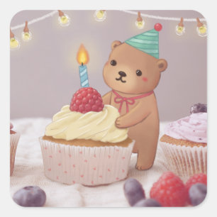 Gelukkige verjaardag: Teddybeer & Cupcakes Vierkante Sticker