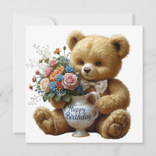 Gelukkige Verjaardag  Teddybeer met Bloemen Kaart