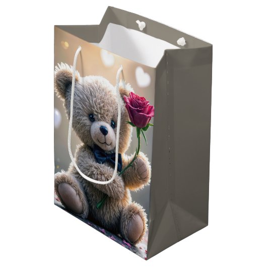 Gelukkige Verjaardag Teddybeer Met Rode Roos Medium Cadeauzakje (Voorkant Gekanteld)
