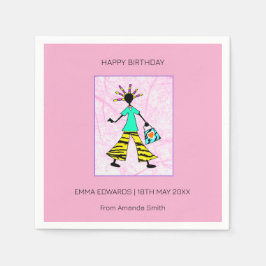 Gelukkige verjaardag, trendy en elegante vrouw servet