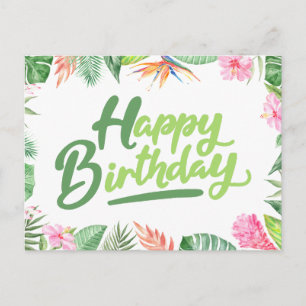 Gelukkige verjaardag Tropische bladeren en hibiscu Briefkaart