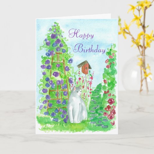 Gelukkige Verjaardag Tuin Kat Waterverf Bloemenkun Kaart (Gele Bloem)