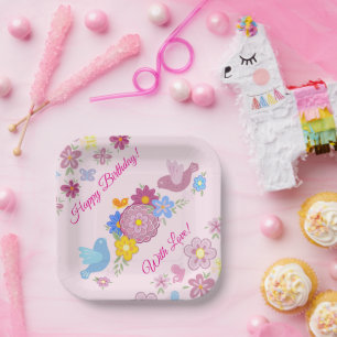 Gelukkige Verjaardag Tuin Wilde Bloemen Vogels Pat Papieren Bordje