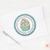 Gelukkige verjaardag turquoise en vanille cupcake ronde sticker (Envelop)