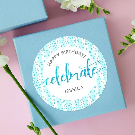 Gelukkige Verjaardag Turquoise Glitter Witte Strep Ronde Sticker