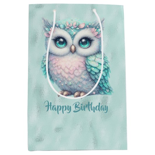 Gelukkige Verjaardag Turquoise Uil op Glanzende Aq Medium Cadeauzakje (Voorkant)