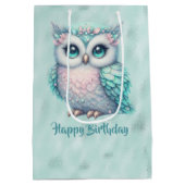 Gelukkige Verjaardag Turquoise Uil op Glanzende Aq Medium Cadeauzakje (Achterkant)