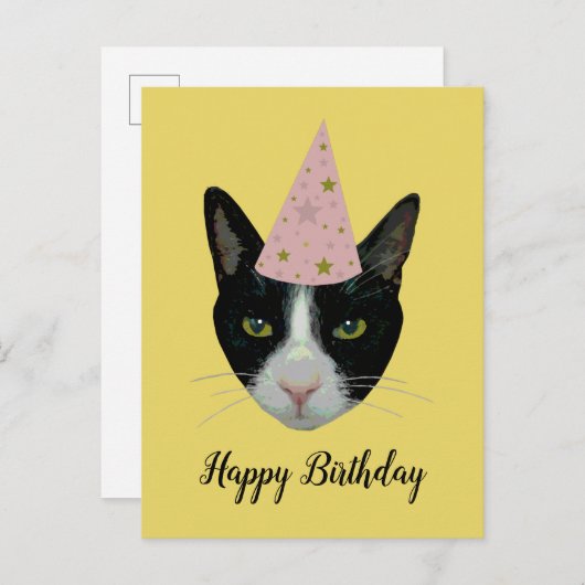Gelukkige Verjaardag - Tuxedo Cat met Party Pet Uitnodiging Briefkaart (Voorkant / Achterkant)
