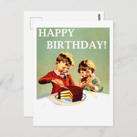 Gelukkige verjaardag, twee kinderen eten cake, vin briefkaart (Voorkant / Achterkant)