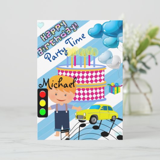 Gelukkige Verjaardag Uitnodiging Jongen Auto (Staand voorkant)