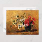 Gelukkige verjaardag, vaas met rode en witte anjer briefkaart (Voorkant / Achterkant)