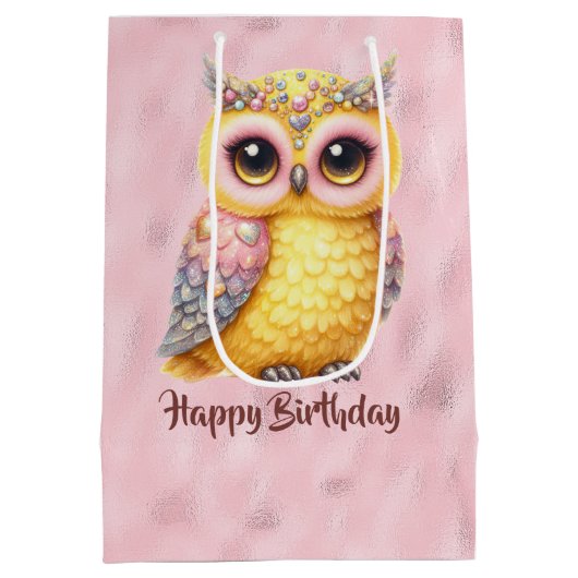 Gelukkige verjaardag veelkleurige Uil op Roze Medium Cadeauzakje (Achterkant)
