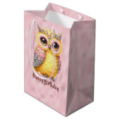 Gelukkige verjaardag veelkleurige Uil op Roze Medium Cadeauzakje (Achterkant Gekanteld)