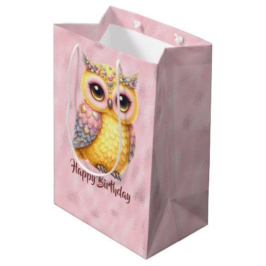 Gelukkige verjaardag veelkleurige Uil op Roze Medium Cadeauzakje (Achterkant Gekanteld)