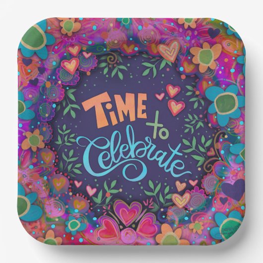Gelukkige verjaardag vieren leuke kleurrijke bloem papieren bordje (Voorkant)