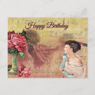 Gelukkige verjaardag Vintage Dame met Rozen  Briefkaart
