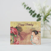 Gelukkige verjaardag Vintage Dame met Rozen  Briefkaart (Staand voorkant)
