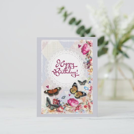 Gelukkige Verjaardag Vlinders en bloemen Briefkaart (Staand voorkant)