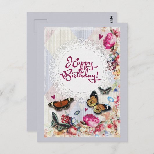 Gelukkige Verjaardag Vlinders en bloemen Briefkaart (Voorkant / Achterkant)