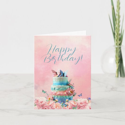 Gelukkige Verjaardag Vlinders met Taart en Pioenro Kaart (Voorkant)
