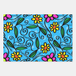 Gelukkige Verjaardag Voeg Naam Roze & Gele Bloemen Inpakpapier Vel