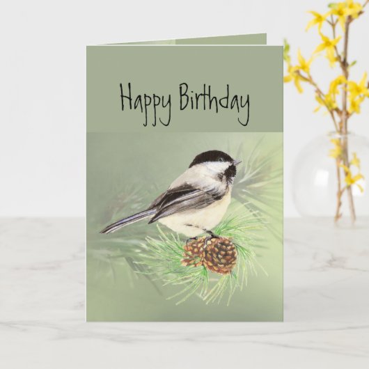 Gelukkige verjaardag voor alle Chickadee Bird Kaart (Gele Bloem)