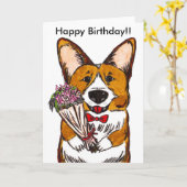 Gelukkige Verjaardag voor Minnaars Corgi Kaart (Gele Bloem)