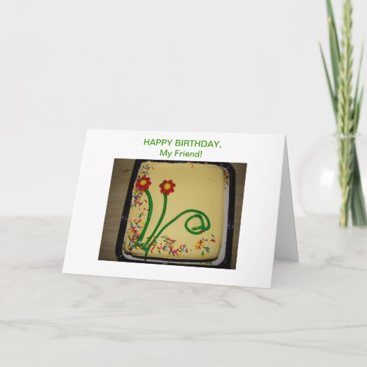 Gelukkige verjaardag vriend, gele taart kaart (Voorkant)