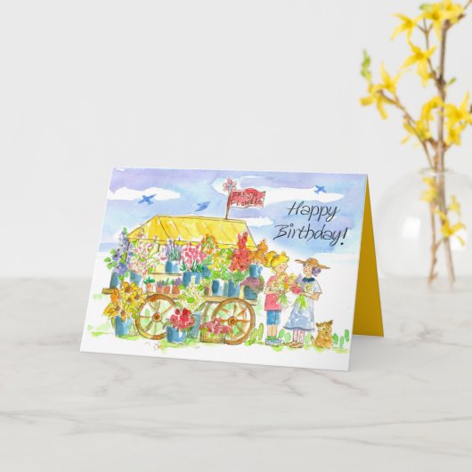 Gelukkige Verjaardag Vrienden Bloemenkar Puppy Hon Kaart (Gele Bloem)