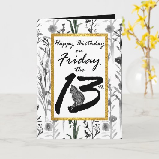 Gelukkige Verjaardag Vrijdag de 13e Zwarte Kat Blo Kaart (Gele Bloem)