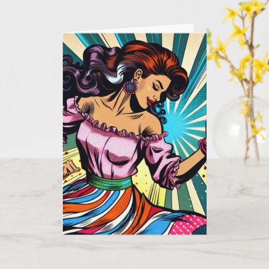 Gelukkige Verjaardag Vrouw Dansende Salsa Pop Kun Kaart (Gele Bloem)