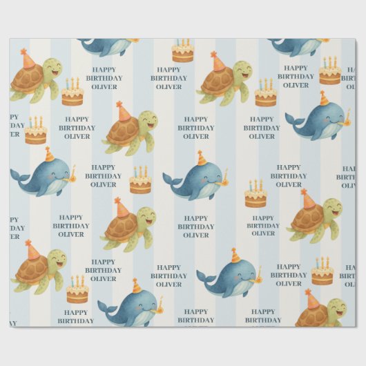 Gelukkige Verjaardag Walvis & Schildpad | nautisch Cadeaupapier (Vlak)