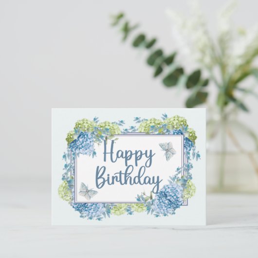 Gelukkige verjaardag Waterverf Blauwe Hortensia Bl Briefkaart (Staand voorkant)