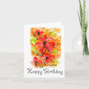 Gelukkige verjaardag, Waterverf rode bloemen kunst Kaart