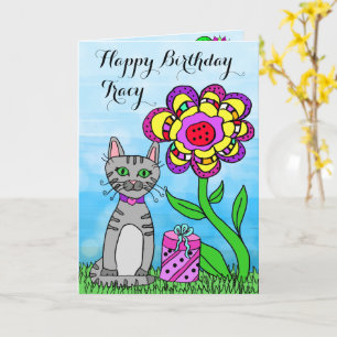Gelukkige verjaardag Whimsical Kat en Bloemen Kaart