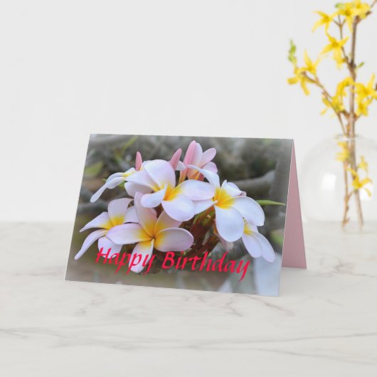 Gelukkige Verjaardag Wit en Roze Plumeria, Roze Kaart (Gele Bloem)