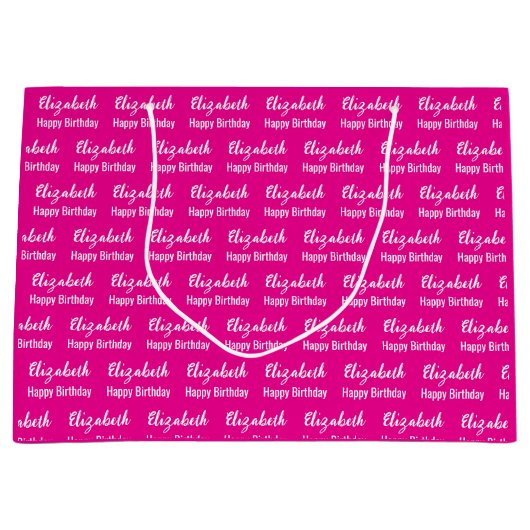 Gelukkige Verjaardag Wit Script Naam Hot Pink Groot Cadeauzakje (Voorkant)