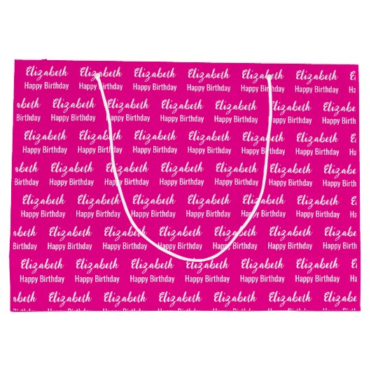 Gelukkige Verjaardag Wit Script Naam Hot Pink Groot Cadeauzakje (Achterkant)