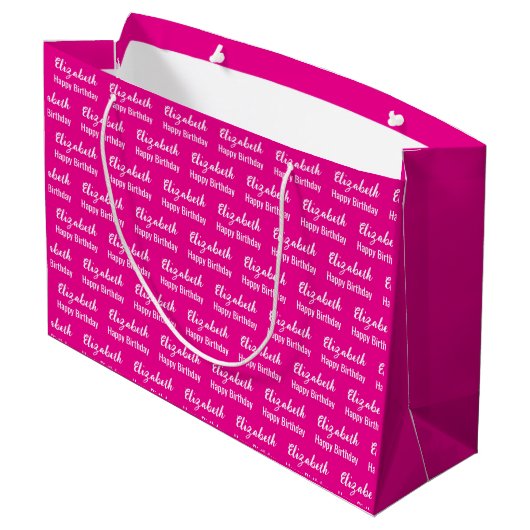 Gelukkige Verjaardag Wit Script Naam Hot Pink Groot Cadeauzakje (Achterkant Gekanteld)
