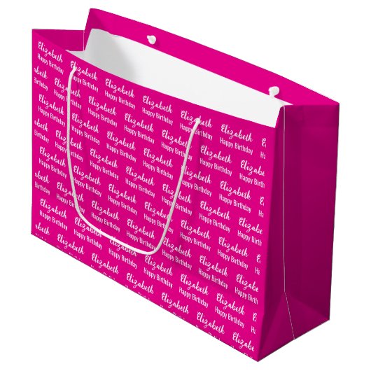 Gelukkige Verjaardag Wit Script Naam Hot Pink Groot Cadeauzakje (Voorkant Gekanteld)