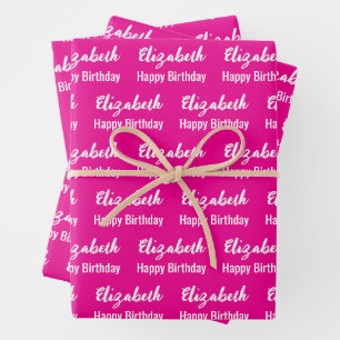 Gelukkige Verjaardag Wit Script Naam Hot Pink Inpakpapier Vel