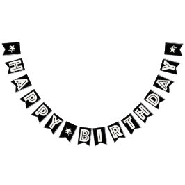 GELUKKIGE VERJAARDAG ☆ WITTE TEKST OP ZWARTE ACHTE VLAGGETJES
