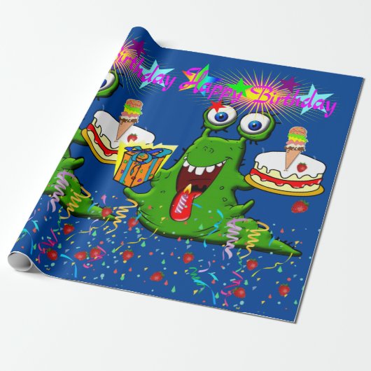 Gelukkige Verjaardag Wrapping Papier Monster (Uitgerold)
