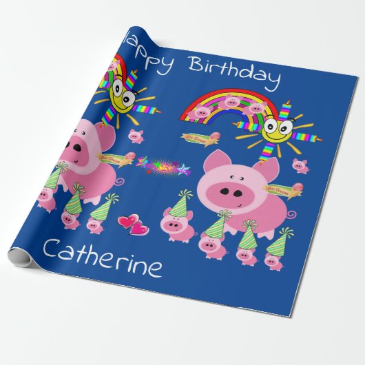 Gelukkige Verjaardag Wrapping Papier Roze Varkens (Uitgerold)