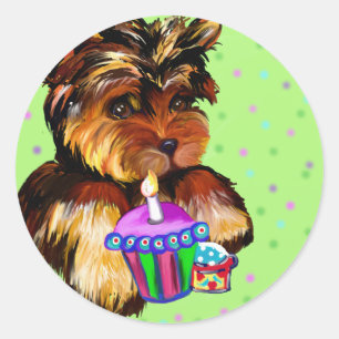 GELUKKIGE VERJAARDAG YORKIE POO RONDE STICKER