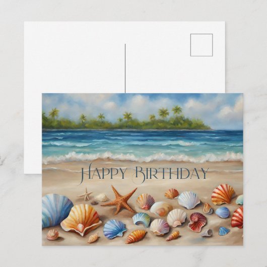 Gelukkige Verjaardag Zeeschelpen op Zandstrand Tro Briefkaart (Voorkant / Achterkant)