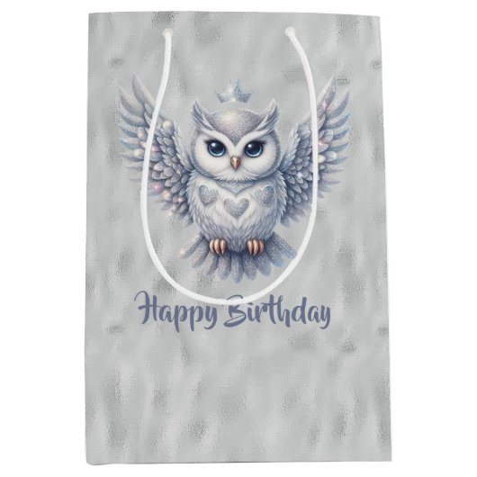 Gelukkige verjaardag Zilveren Uil op Grijs Medium Cadeauzakje (Voorkant)